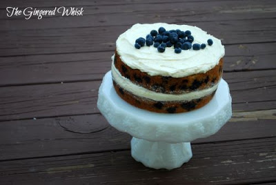 Blueberry Zucchini Cake with Lemon Buttercream Frosting (The Gingered Whisk) white cake stand with blueberry zucchini cake
