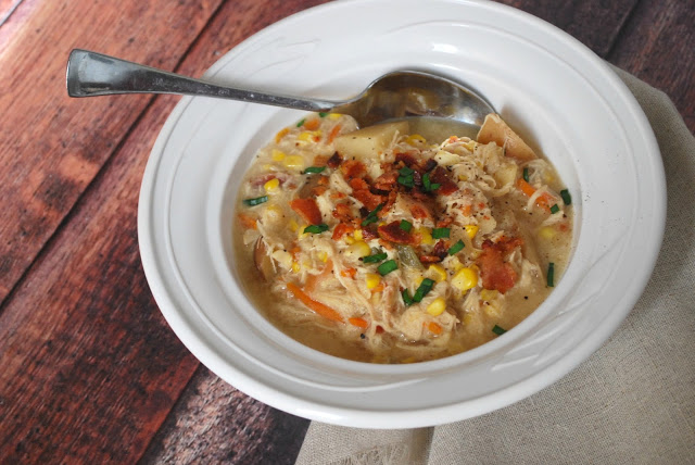 Slow Cooker Chicken Corn Chowder is the perfect meal for a weeknight! Real healthy ingredients, awesome taste! bowl of chicken corn chowder with spoon