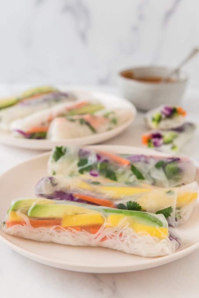 fresh rainbow veggie spring rolls on white plates with peanut dipping sauce