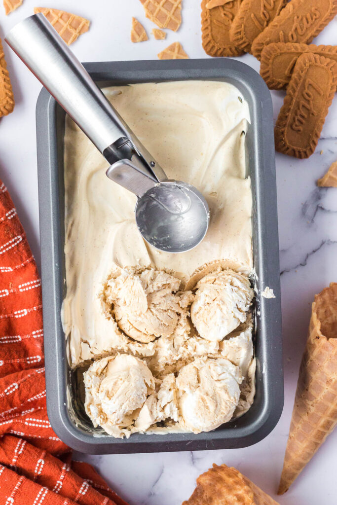 pan with ice cream and scoop