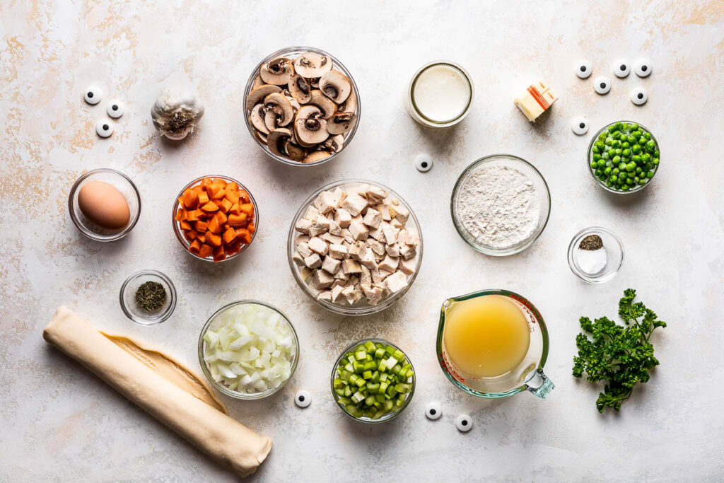 ingredients for chicken pot pies on counter