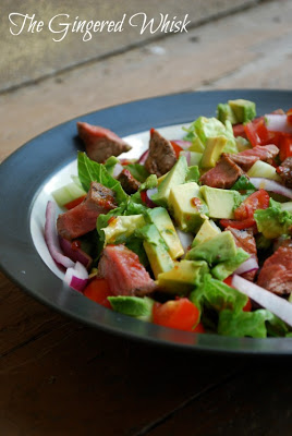 Southwest Steak Salad (The Gingered Whisk) salad with steak and avocado on plate