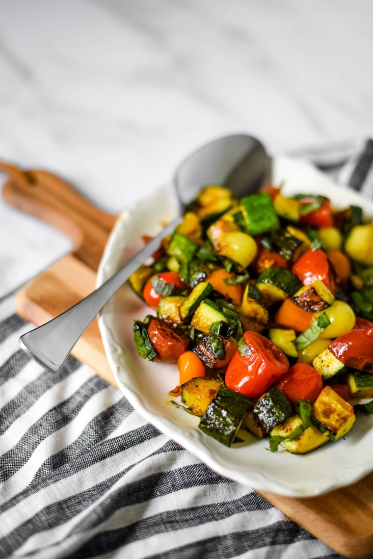 zucchini trifolati on white serving plate