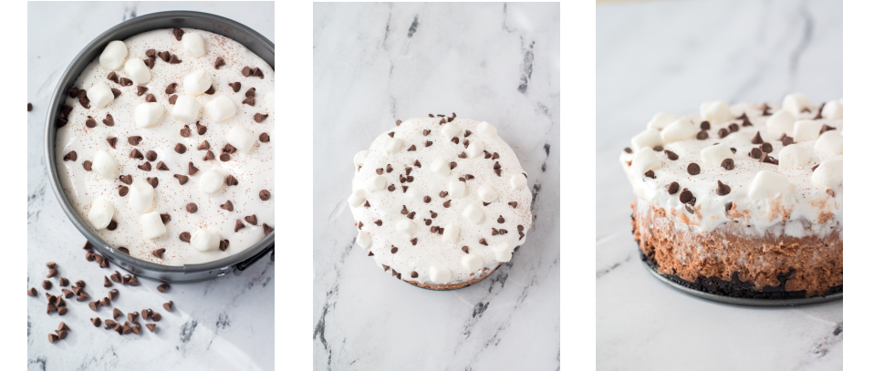 adding toppings to cheesecake