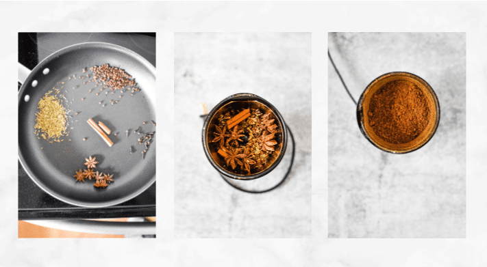 collage showing steps to make homemade chinese five spice
